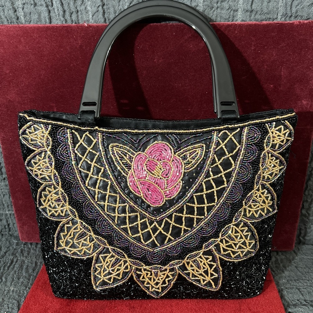 VTG Designer Moroccan‎ Heavily Beaded Handbag Black pink gold & Teal Beads Boho
